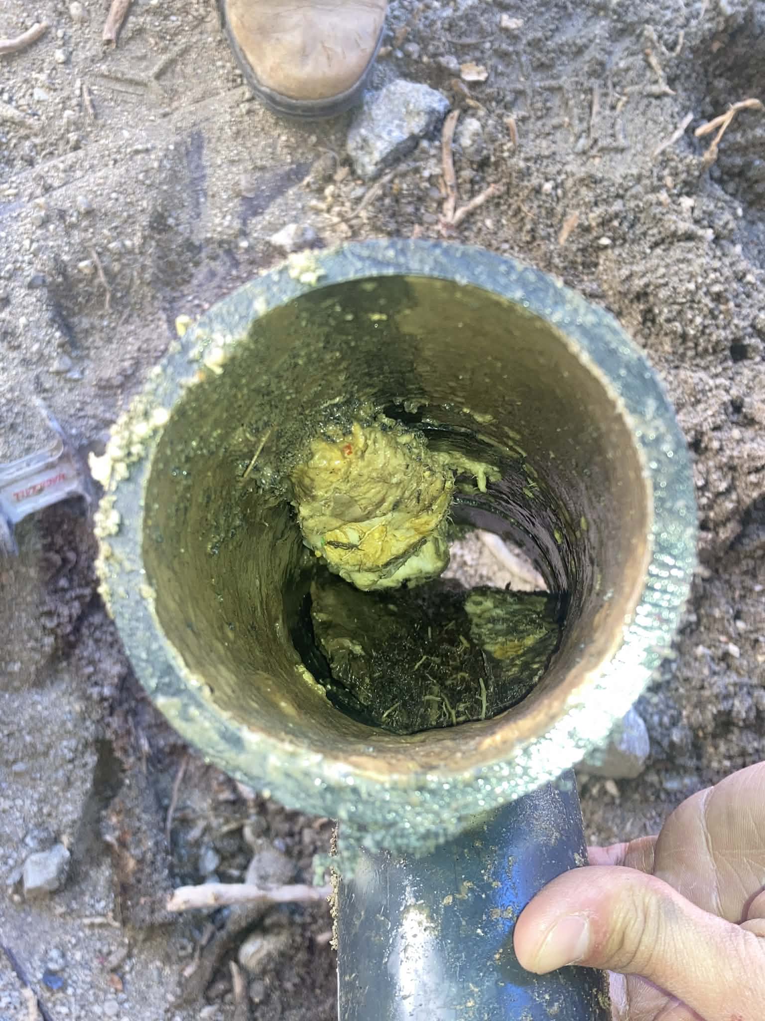 Severely clogged drain pipe before professional cleaning